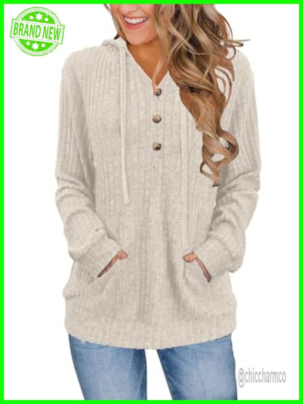 Women's Ribbed Knit Hoodie Pullover Henley Neck Kangaroo Pocket Fall